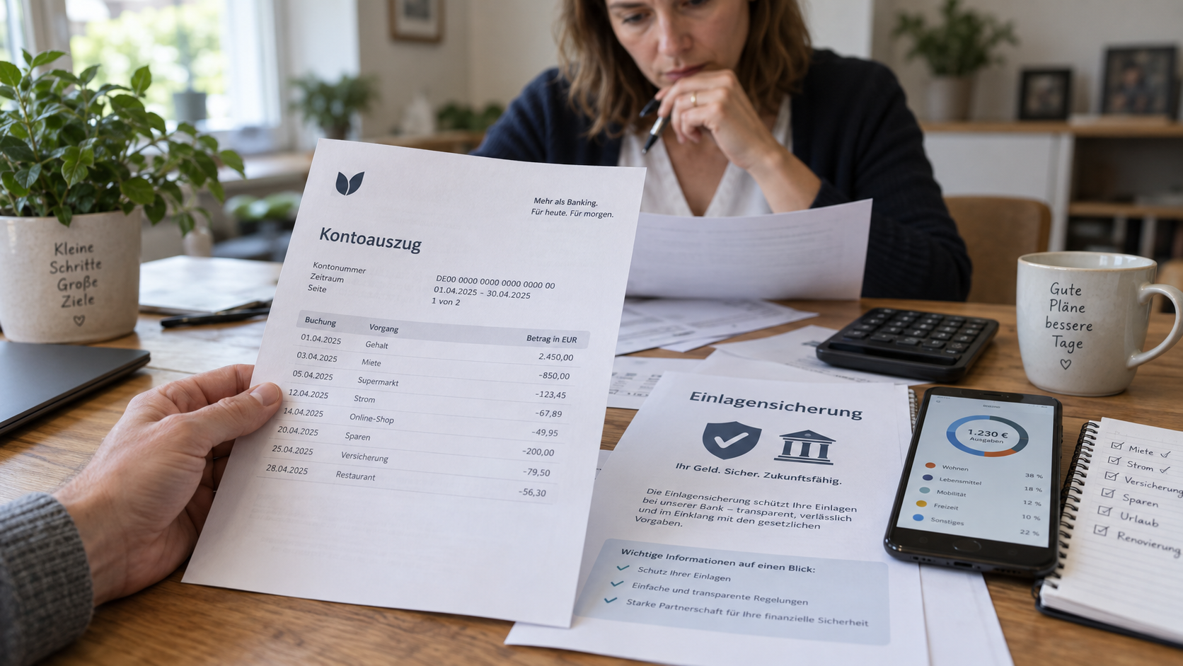 Person hält einen Kontoauszug in der Hand, daneben liegt ein Informationsblatt mit der Überschrift „Einlagensicherung – Ihr Geld. Sicher. Zukunftsfähig.“