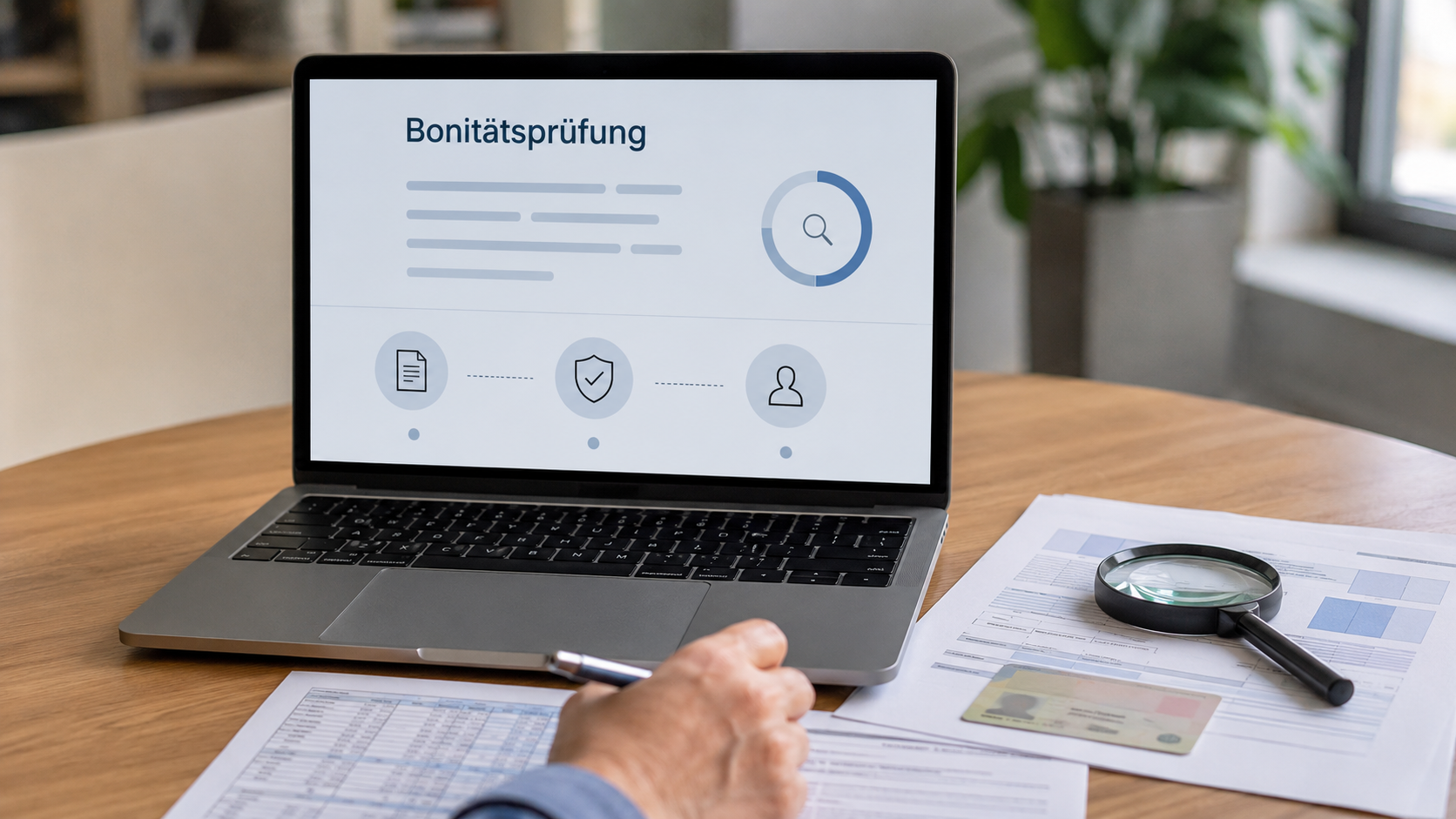 Laptop mit Bildschirmanzeige „Bonitätsprüfung“ neben Dokumenten und einer Lupe als Symbolbild für die Prüfung von Kreditwürdigkeit und Vertragsunterlagen