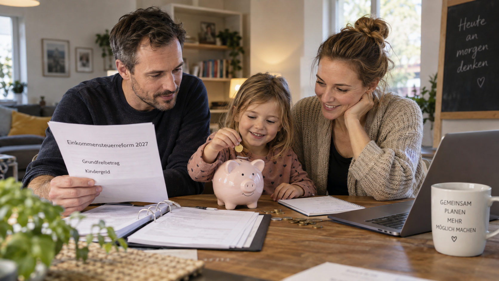Eltern und ihr Kind sitzen am Tisch, das Kind steckt eine Münze in ein Sparschwein, im Vordergrund ein Blatt mit der Aufschrift Einkommensteuerreform 2027, Grundfreibetrag, Kindergeld, als Symbolbild für die geplante Entlastung von Familien