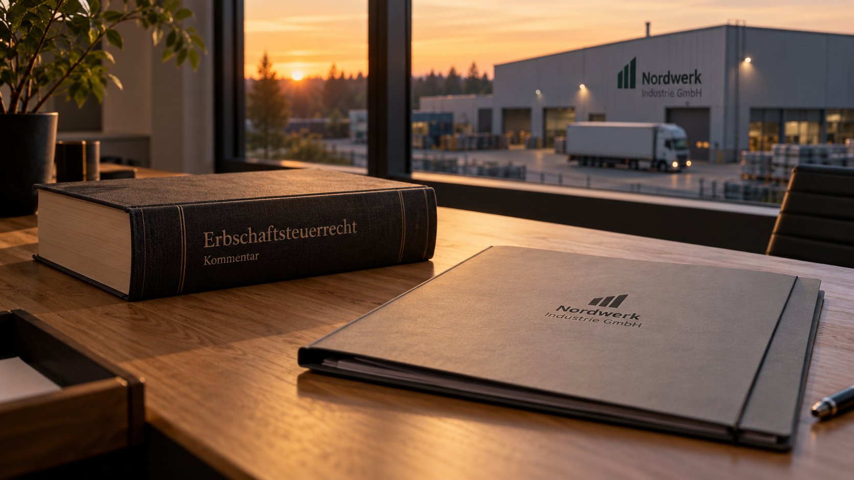 Schreibtisch mit Akten und Blick auf einen Firmenbetrieb als Symbol für Erbschaftsteuer und Betriebsvermögen