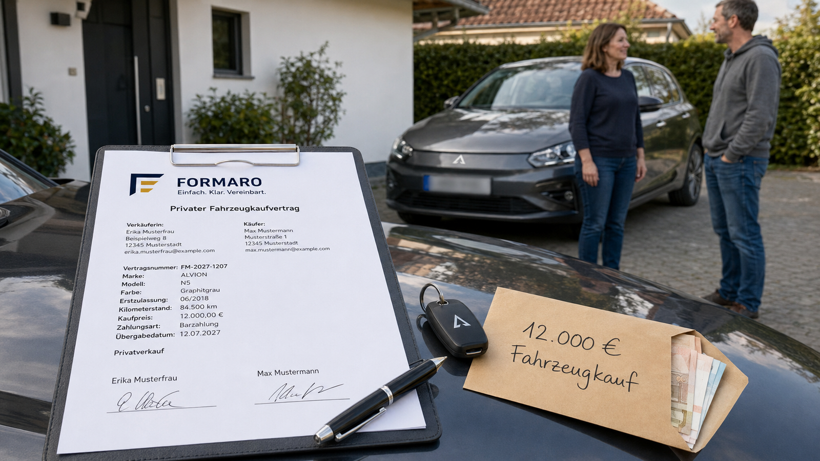 Zwei Personen händigen sich vor einem privat zum Verkauf stehenden Auto einen Autoschlüssel aus als Symbolbild für den privaten Fahrzeugverkauf zwischen Privatpersonen