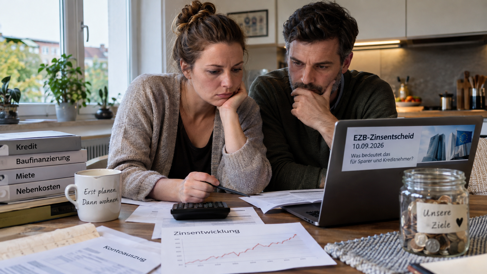 Ein Paar sitzt am Küchentisch vor einem Laptop mit der Überschrift „EZB-Zinsentscheid“ und blickt auf Unterlagen zu Kredit, Baufinanzierung und einen Kontoauszug, als Symbolbild für die Auswirkungen der Zinserhöhung auf Sparer und Kreditnehmer
