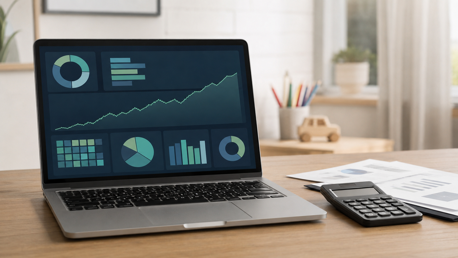 Laptop mit Finanz-Dashboard und Charts neben Taschenrechner und Unterlagen als Symbolbild für Geldanlage und Vorsorge