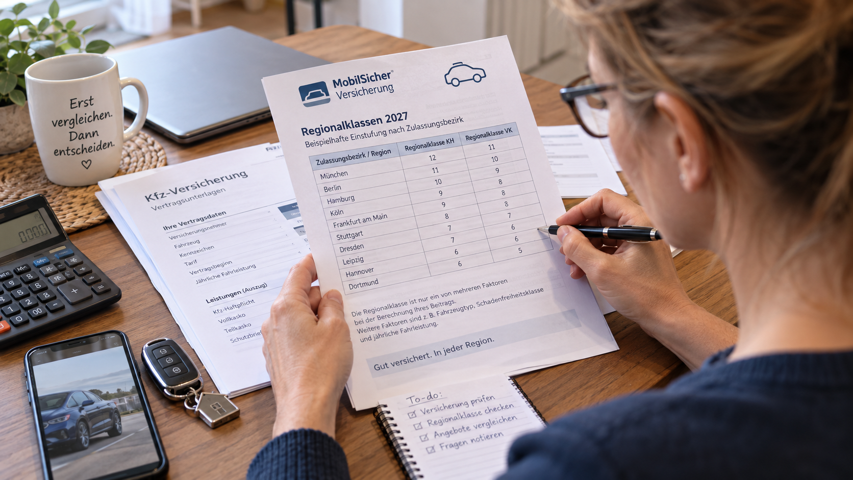 Frau vergleicht am Schreibtisch ein Informationsblatt mit Beispiel-Regionalklassen verschiedener Städte für 2027 mit ihren eigenen Kfz-Versicherungsunterlagen