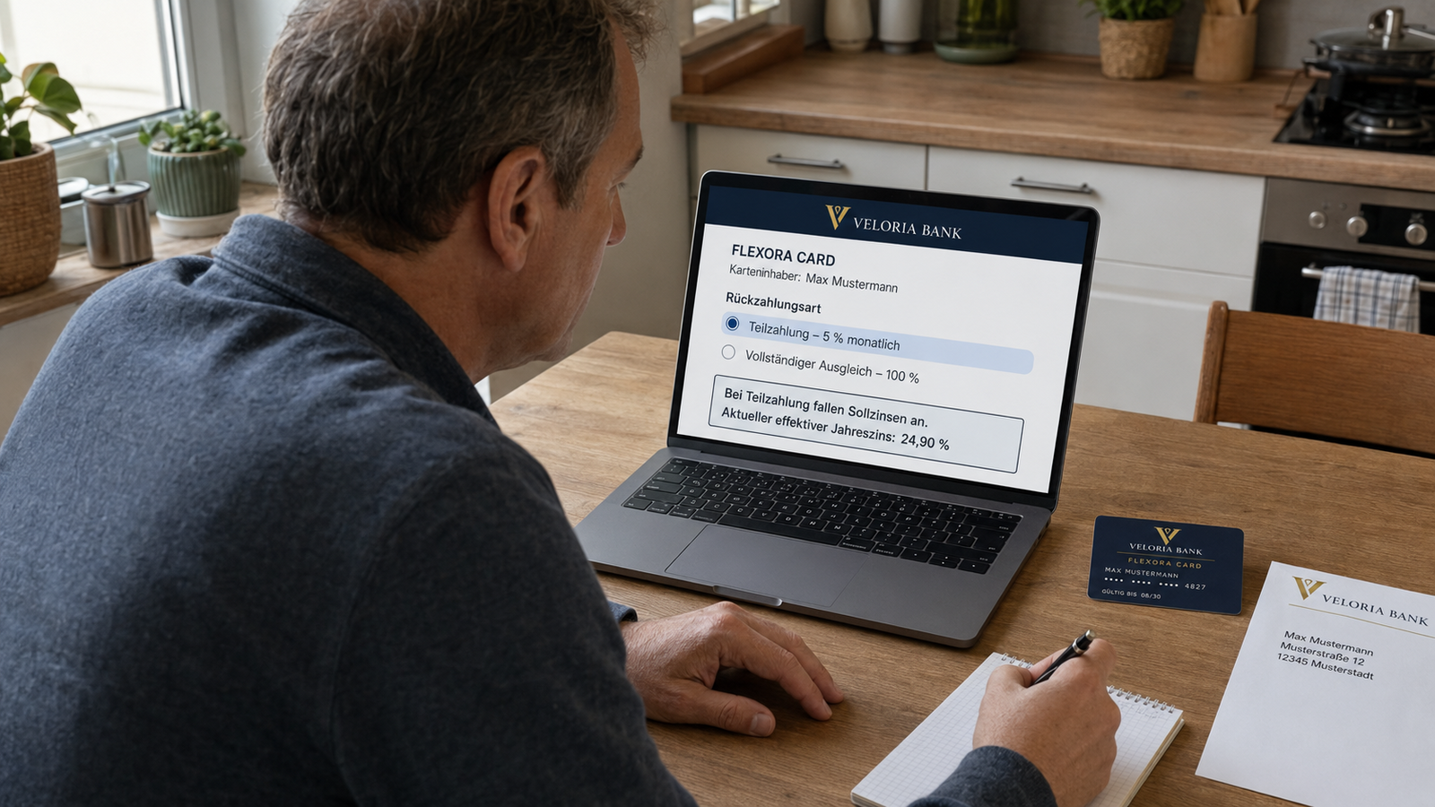 Person prüft eine Kreditkartenabrechnung und Vertragsunterlagen am Laptop als Symbolbild für die Kontrolle von Zinssatz und Rückzahlungsart bei der eigenen Kreditkarte