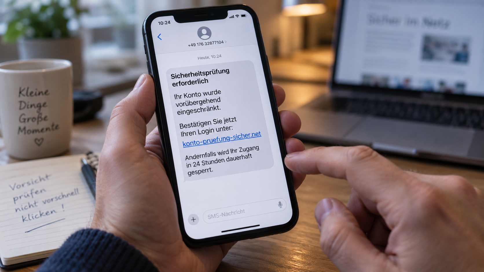 Nahaufnahme eines Smartphones in zwei Händen mit einer gefälschten SMS zu einer angeblichen Sicherheitsprüfung und Drohung mit Kontosperrung, im Hintergrund ein Notizzettel mit dem Hinweis „Vorsicht, prüfen, nicht vorschnell klicken!“