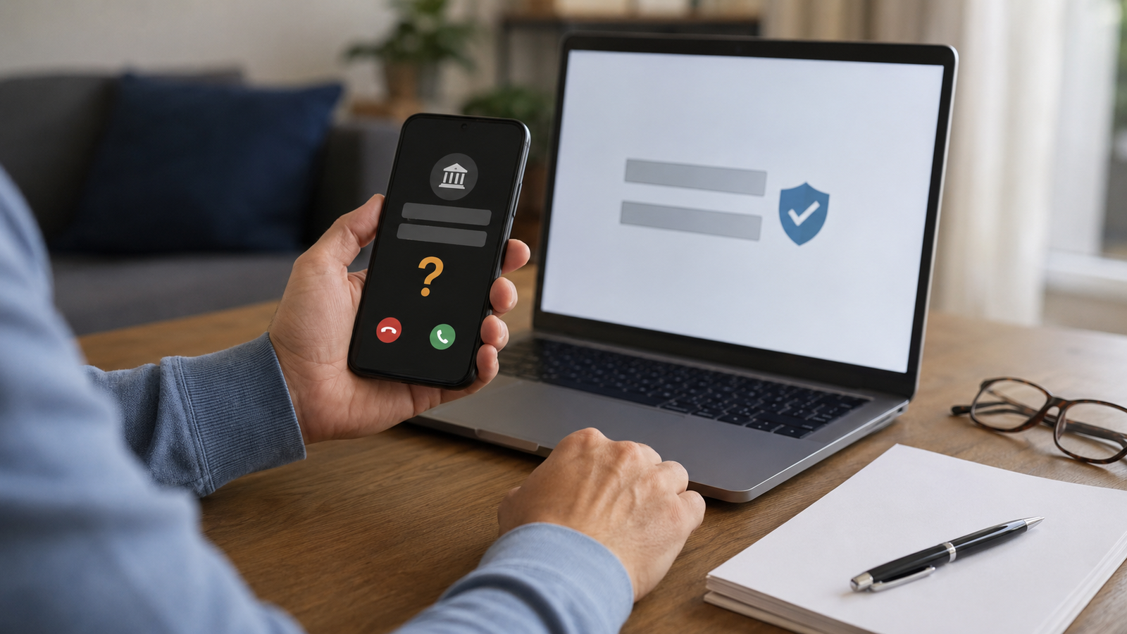 Person prüft eine verdächtige Nachricht auf dem Smartphone neben einem Laptop mit Login-Bildschirm als Symbolbild für Betrugsschutz vor vorgetäuschter Bankkommunikation