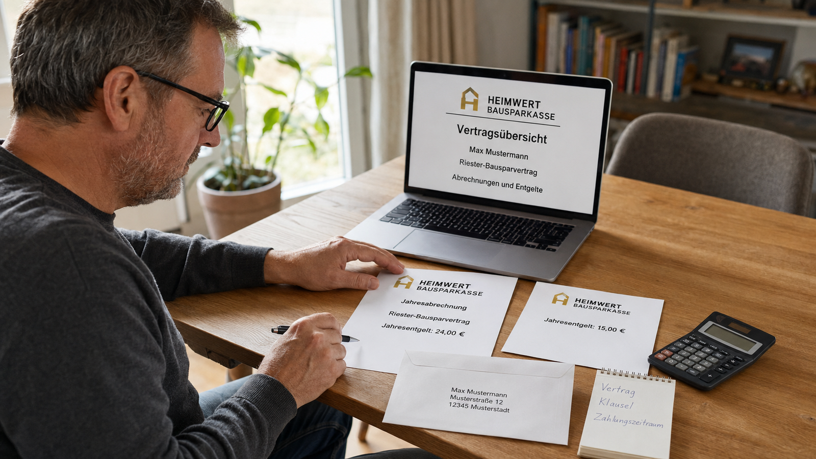 Person prüft die Allgemeinen Geschäftsbedingungen und Kontoauszüge des eigenen Bausparvertrags am Schreibtisch, als Symbolbild für die Prüfung des eigenen Riester-Bausparvertrags