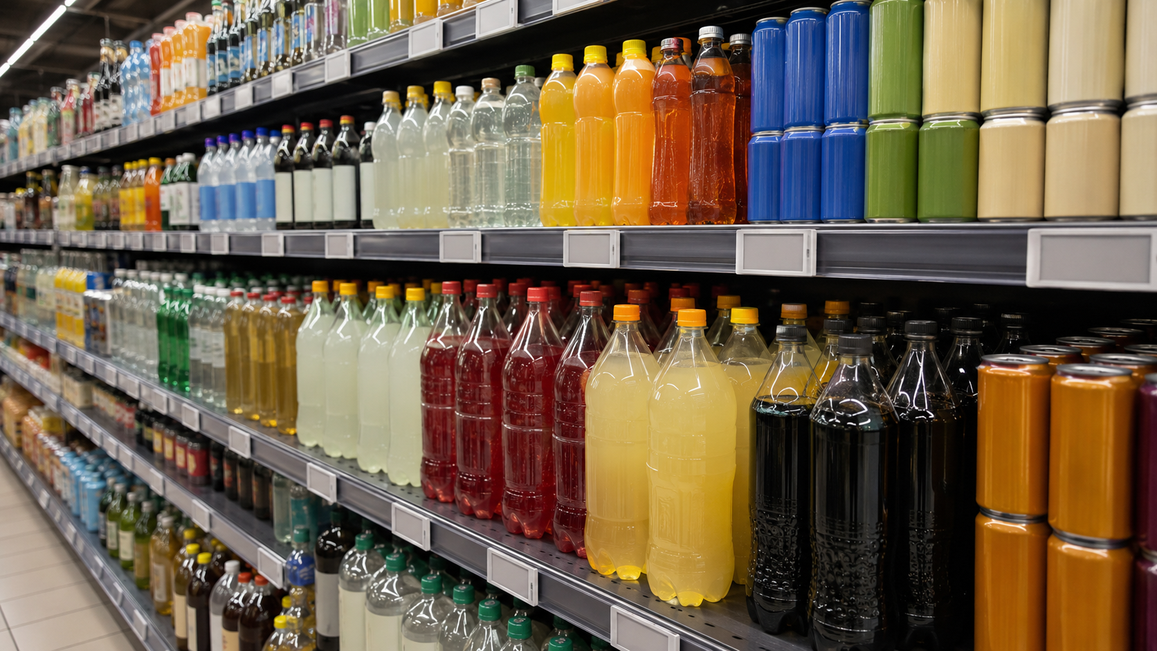 Regal mit verschiedenen Getränkeflaschen und -dosen im Supermarkt